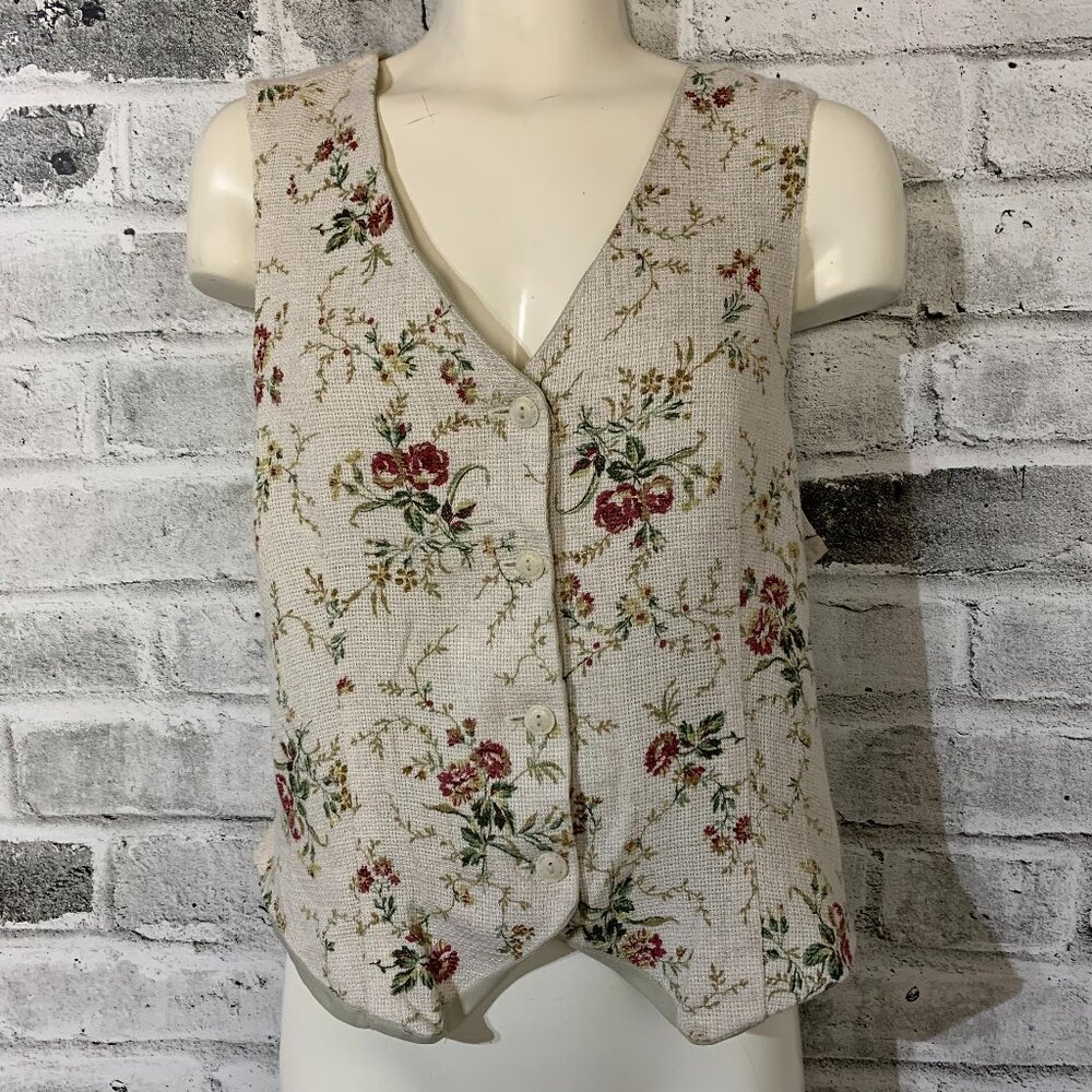 Vintage 90s Cottagecore Linen Vest Medium Floral Button Front Back Tie Boho